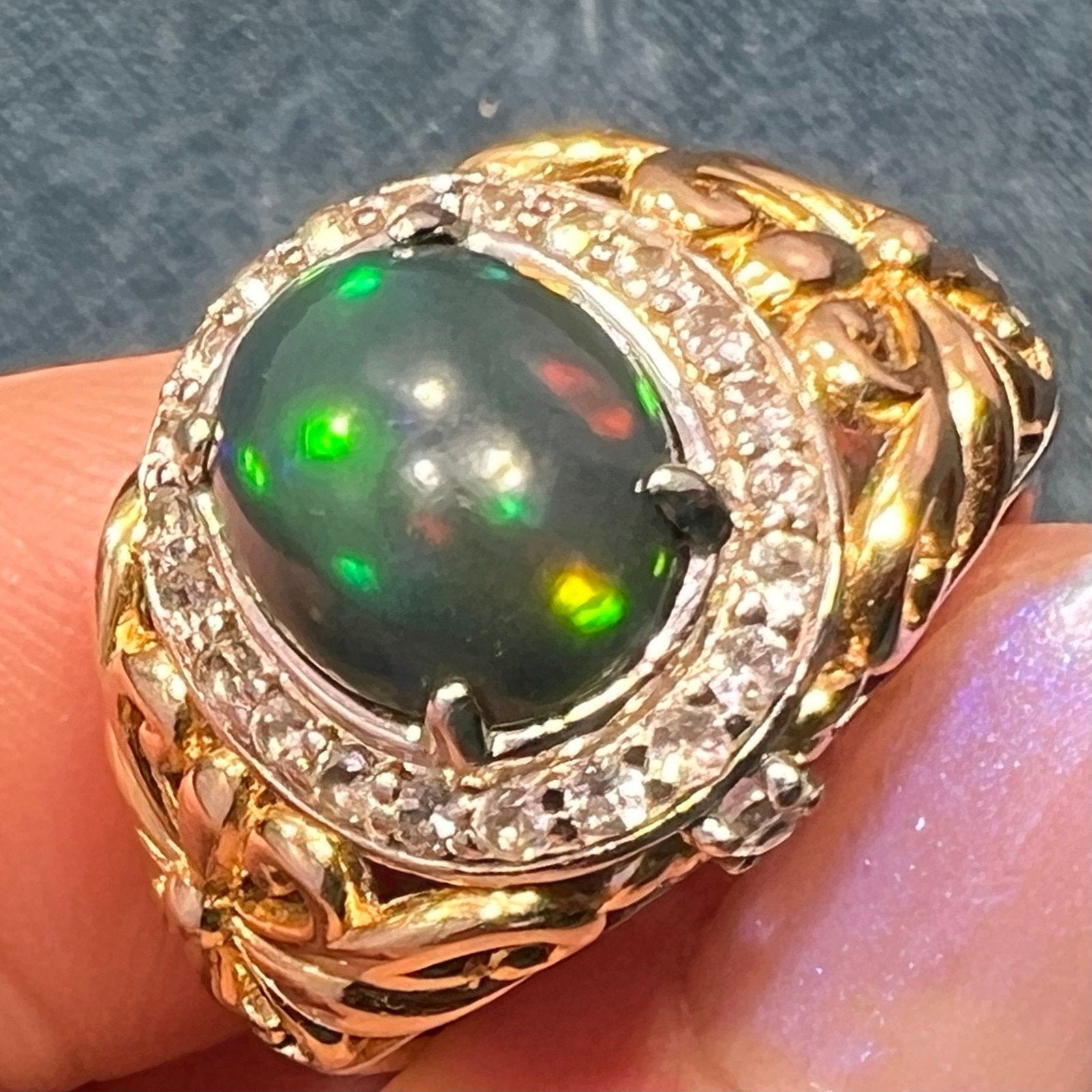 Welo Black Opal Ring in Sterling Silver w Topaz Halo *Video*