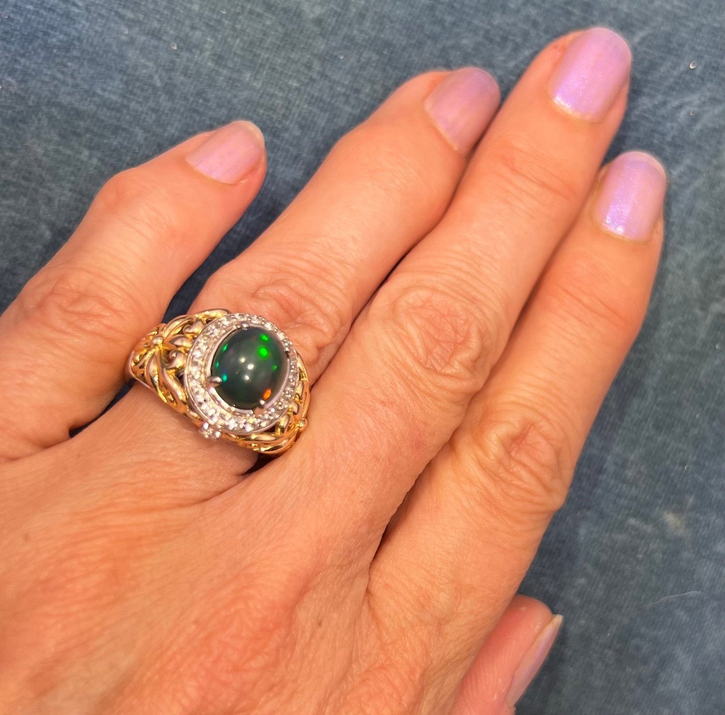 Welo Black Opal Ring in Sterling Silver w Topaz Halo *Video*