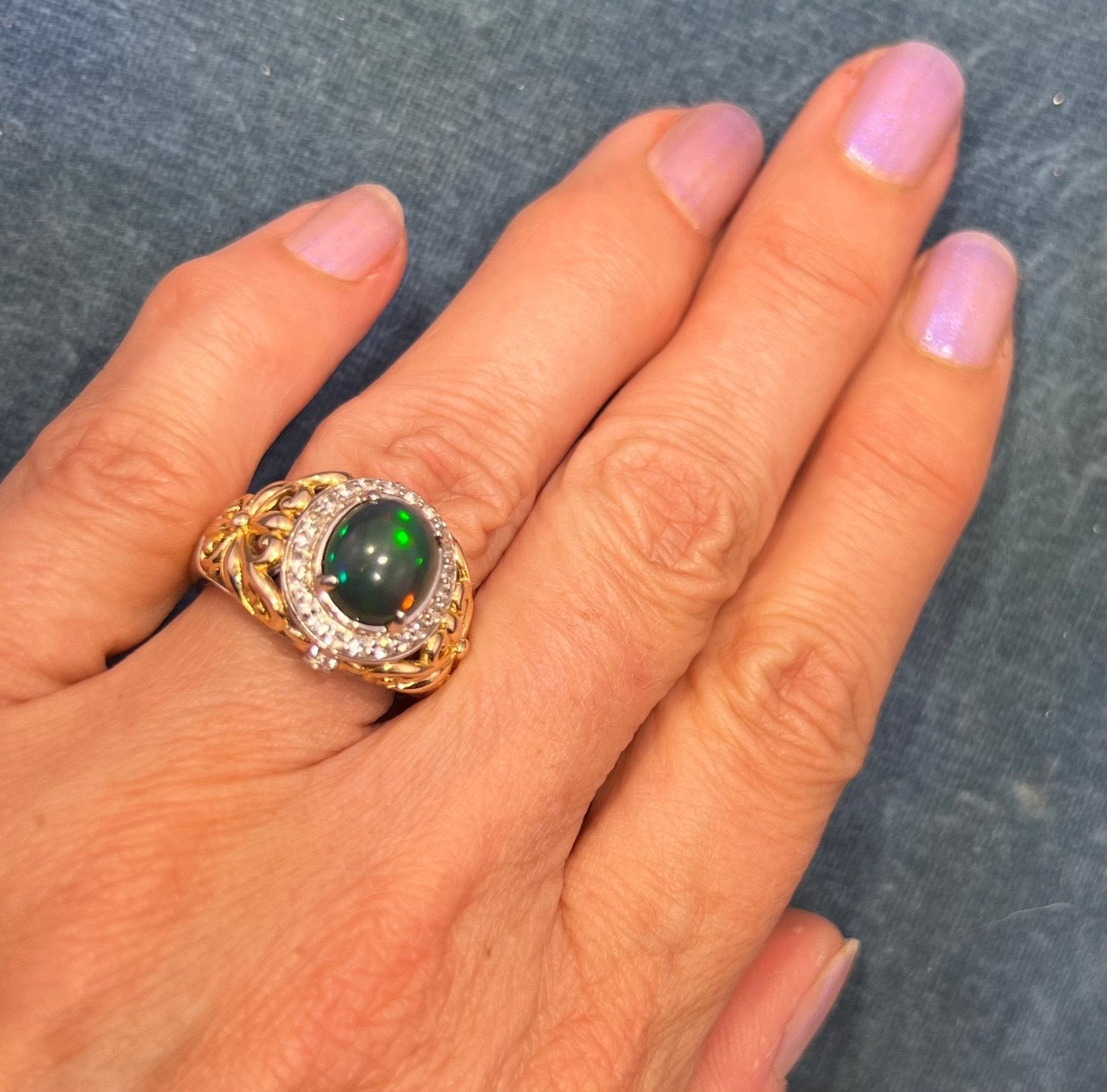 Welo Black Opal Ring in Sterling Silver w Topaz Halo *Video*