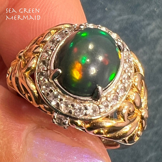 Welo Black Opal Ring in Sterling Silver w Topaz Halo *Video*