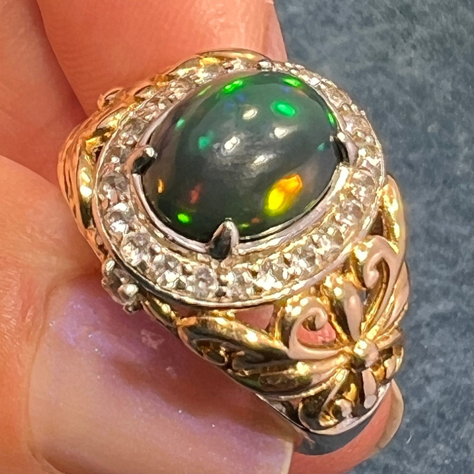 Welo Black Opal Ring in Sterling Silver w Topaz Halo *Video*