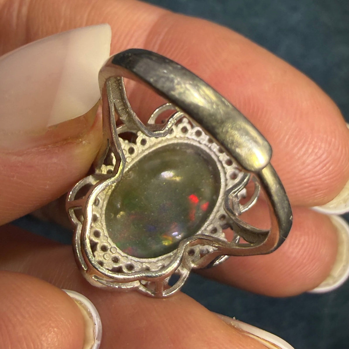 Welo Black Opal Sterling Silver Ring w Sparkle Halo. Dragons Egg *Video*