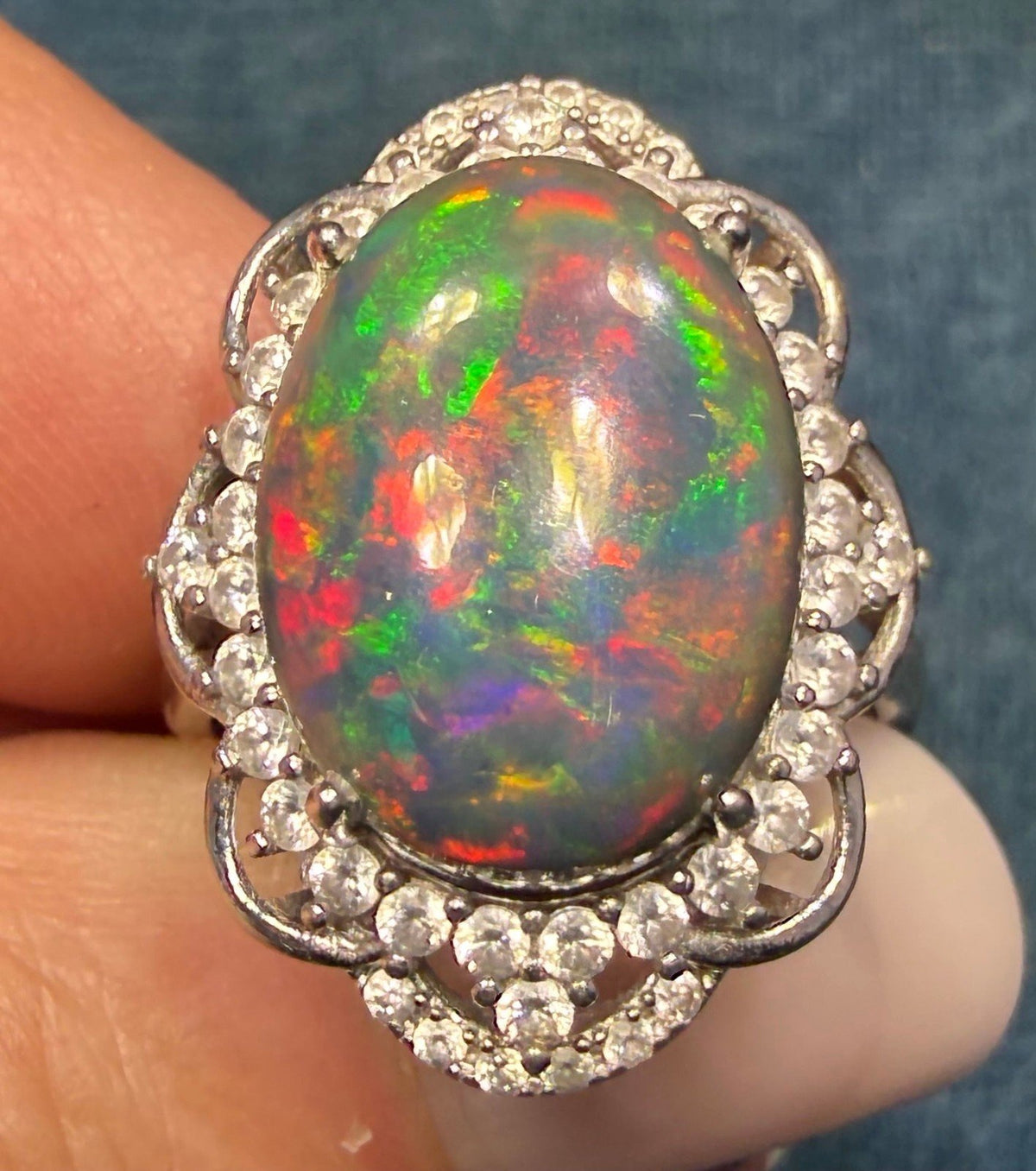 Welo Black Opal Sterling Silver Ring w Sparkle Halo. Dragons Egg *Video*