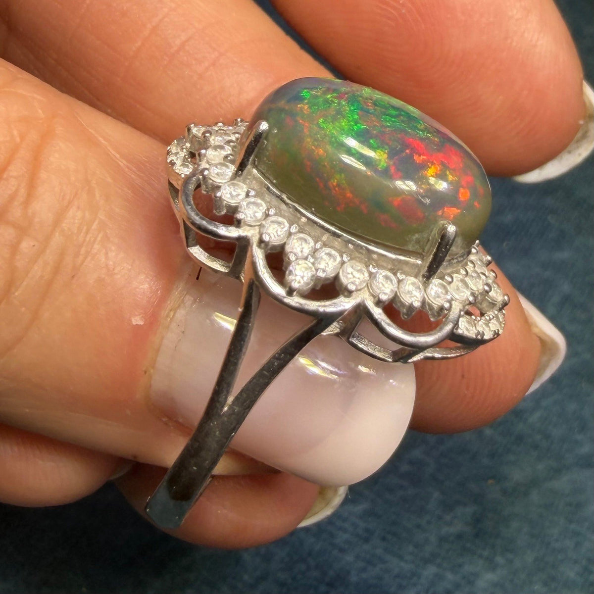 Welo Black Opal Sterling Silver Ring w Sparkle Halo. Dragons Egg *Video*
