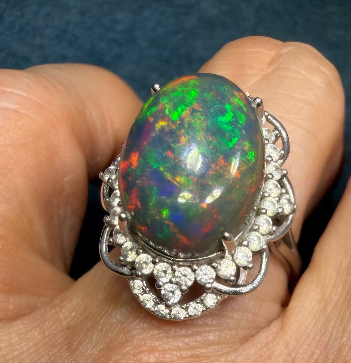 Welo Black Opal Sterling Silver Ring w Sparkle Halo. Dragons Egg *Video*