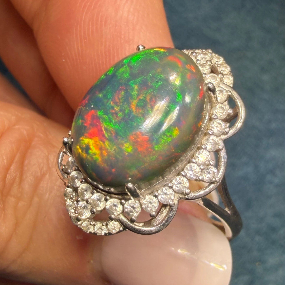 Welo Black Opal Sterling Silver Ring w Sparkle Halo. Dragons Egg *Video*