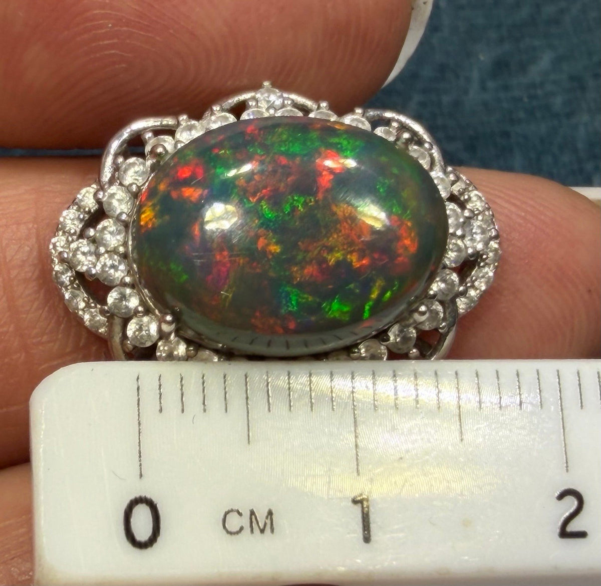 Welo Black Opal Sterling Silver Ring w Sparkle Halo. Dragons Egg *Video*