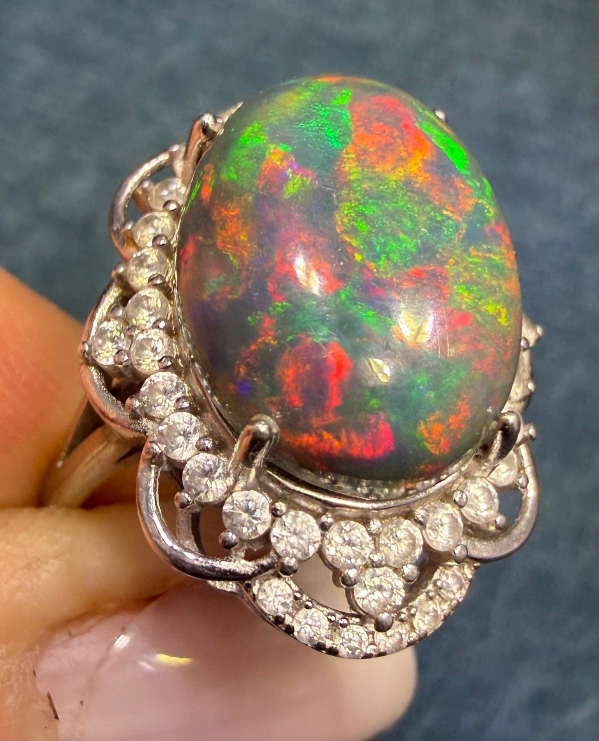 Welo Black Opal Sterling Silver Ring w Sparkle Halo. Dragons Egg *Video*