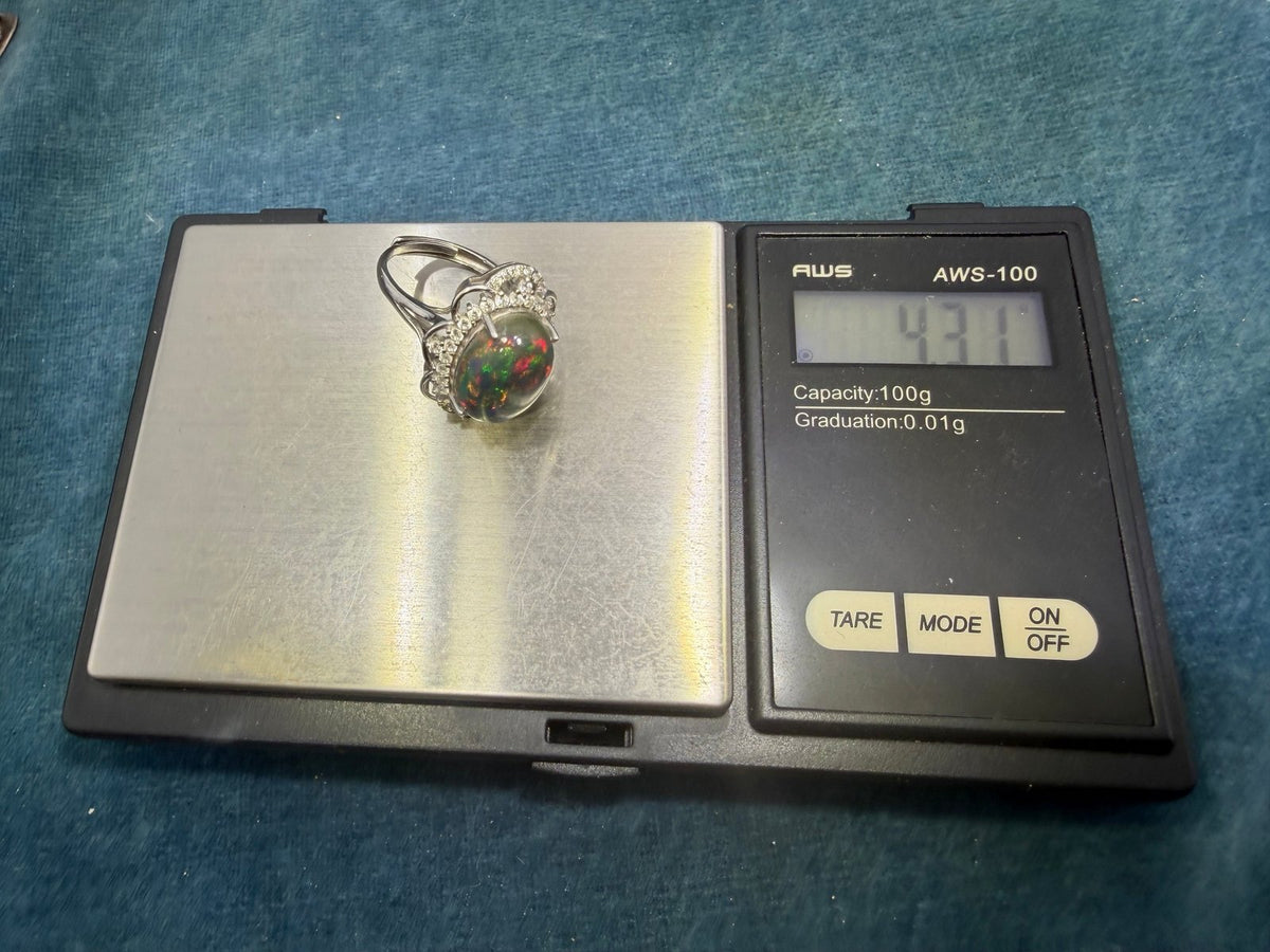 Welo Black Opal Sterling Silver Ring w Sparkle Halo. Dragons Egg *Video*