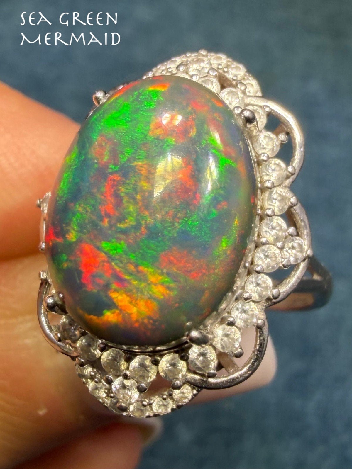 Welo Black Opal Sterling Silver Ring w Sparkle Halo. Dragons Egg *Video*
