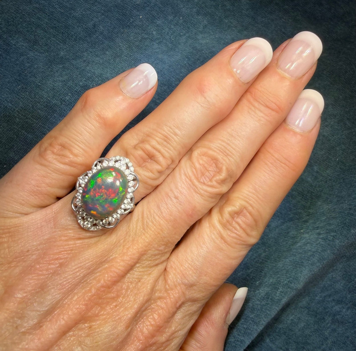 Welo Black Opal Sterling Silver Ring w Sparkle Halo. Dragons Egg *Video*