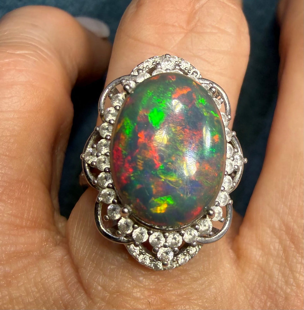 Welo Black Opal Sterling Silver Ring w Sparkle Halo. Dragons Egg *Video*