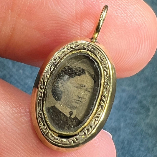 10K Gold Victorian School Girl Sepia Photo Portrait Pendant. Tiny!