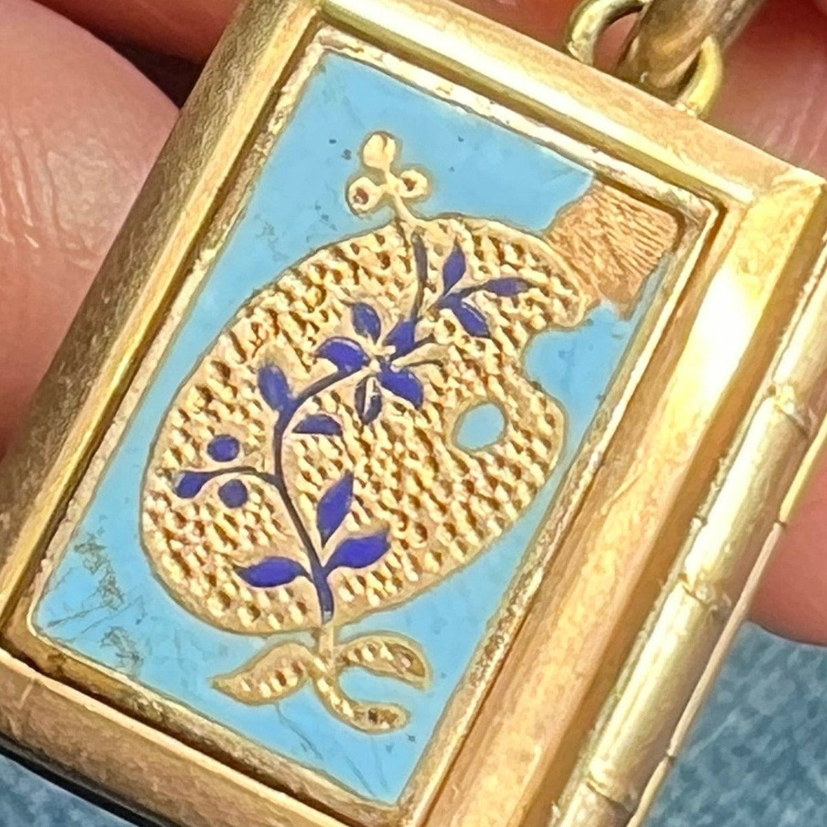 10K Gold Blue Enamel Lily Pad Photo Locket. Antique 2-Sided Pendant *Video*
