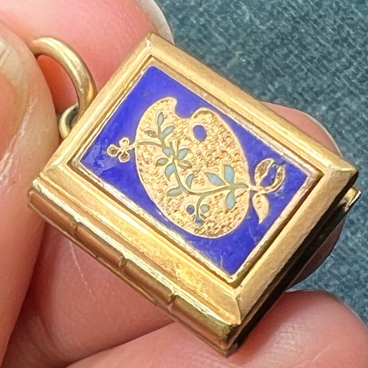 10K Gold Blue Enamel Lily Pad Photo Locket. Antique 2-Sided Pendant *Video*