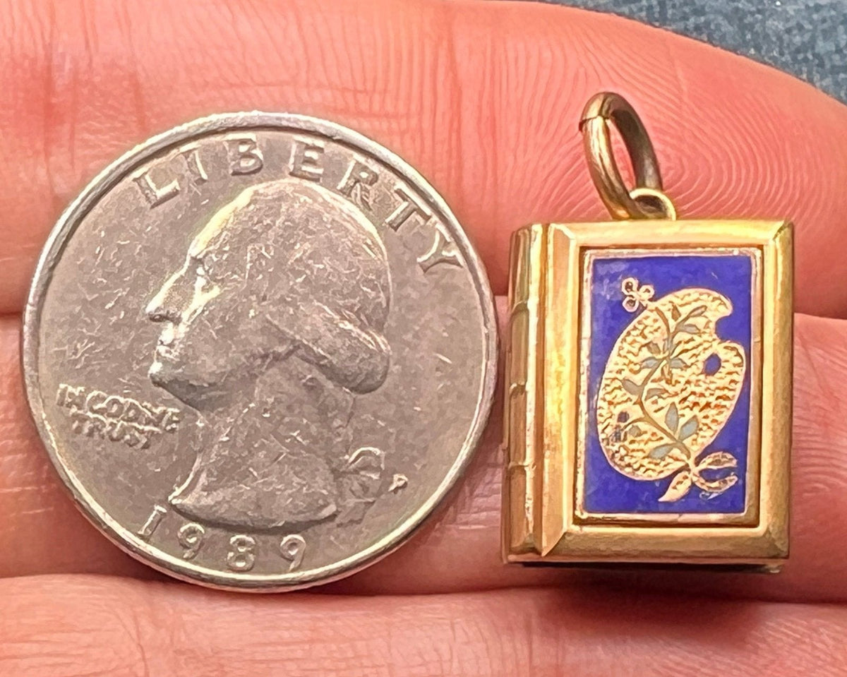 10K Gold Blue Enamel Lily Pad Photo Locket. Antique 2-Sided Pendant *Video*