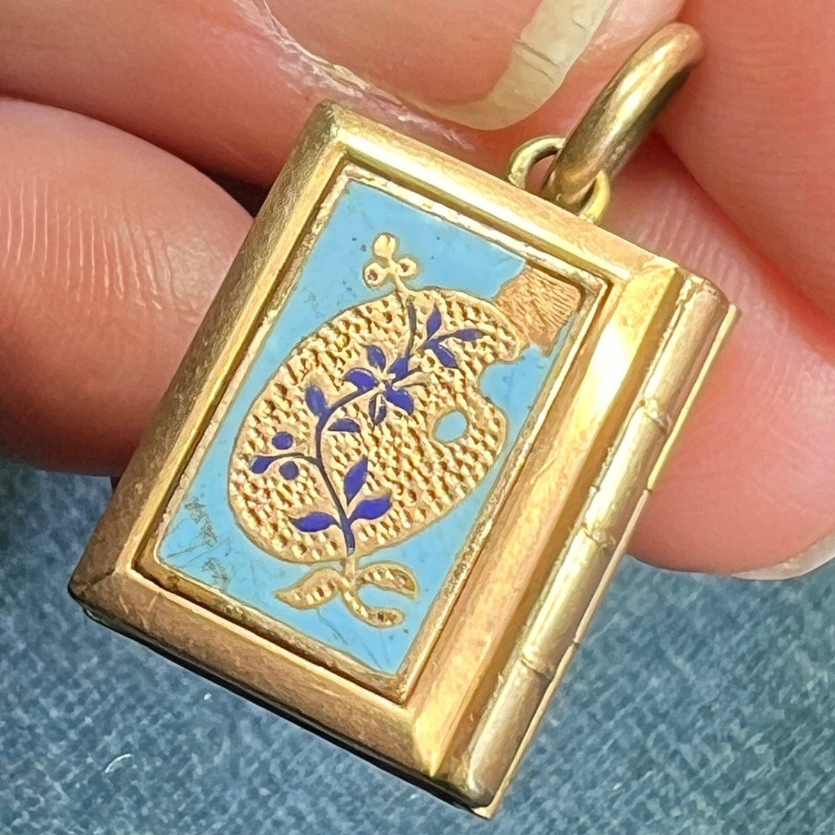 10K Gold Blue Enamel Lily Pad Photo Locket. Antique 2-Sided Pendant *Video*