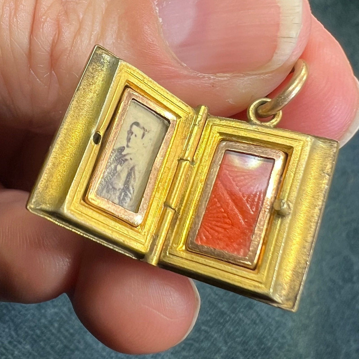 10K Gold Blue Enamel Lily Pad Photo Locket. Antique 2-Sided Pendant *Video*