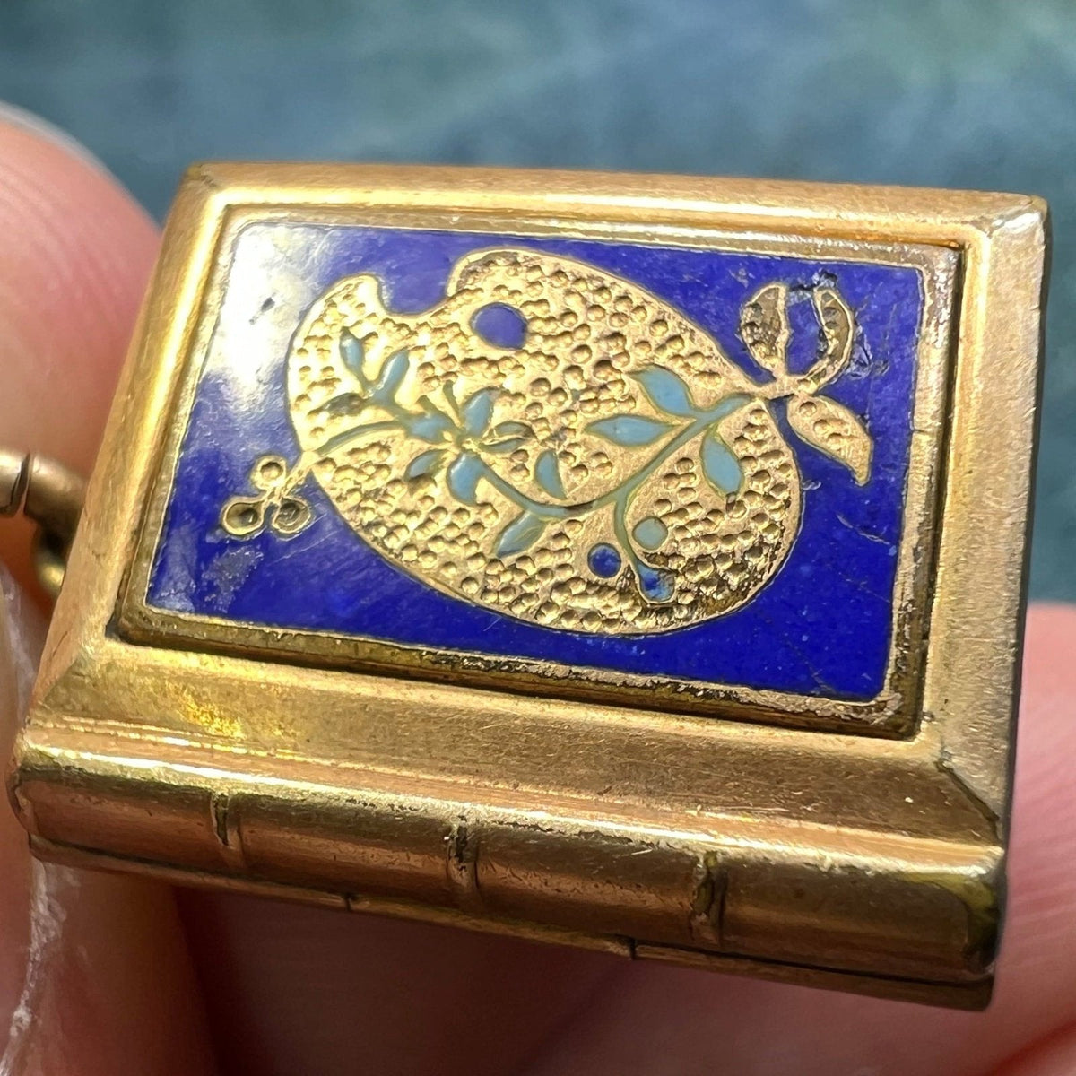 10K Gold Blue Enamel Lily Pad Photo Locket. Antique 2-Sided Pendant *Video*