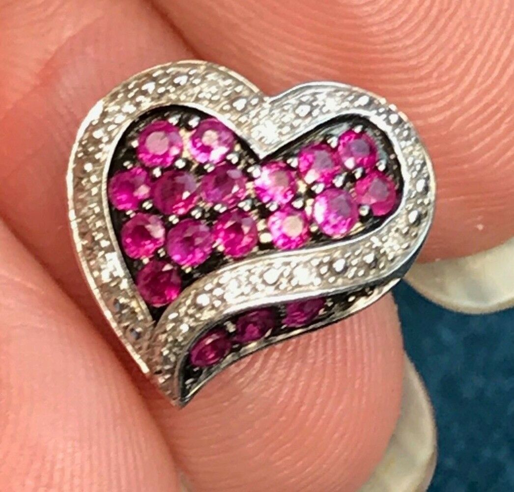 10K White Gold Heart Pendant w Pave Rubies & Diamonds. Vivid-K6L0J