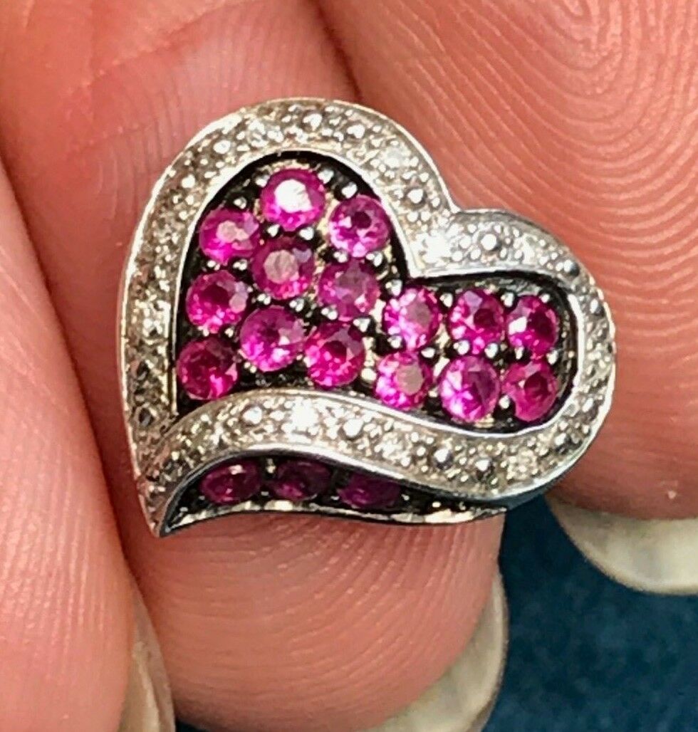 10K White Gold Heart Pendant w Pave Rubies & Diamonds. Vivid-K6L0J