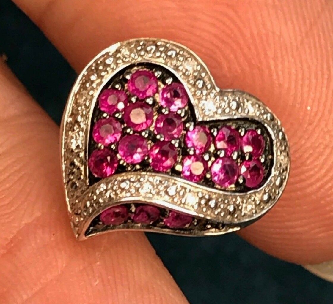 10K White Gold Heart Pendant w Pave Rubies & Diamonds. Vivid-K6L0J