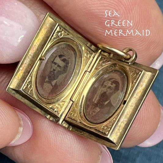 10K Yellow Gold 1800s Book LOCKET w Victorian TINTYPE Portraits