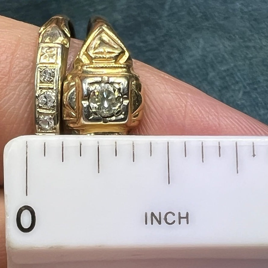 10K Yellow Gold & Natural Diamond Wedding Ring Set. 2 Bands Soldered
