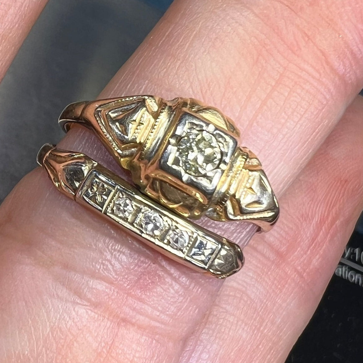 10K Yellow Gold & Natural Diamond Wedding Ring Set. 2 Bands Soldered