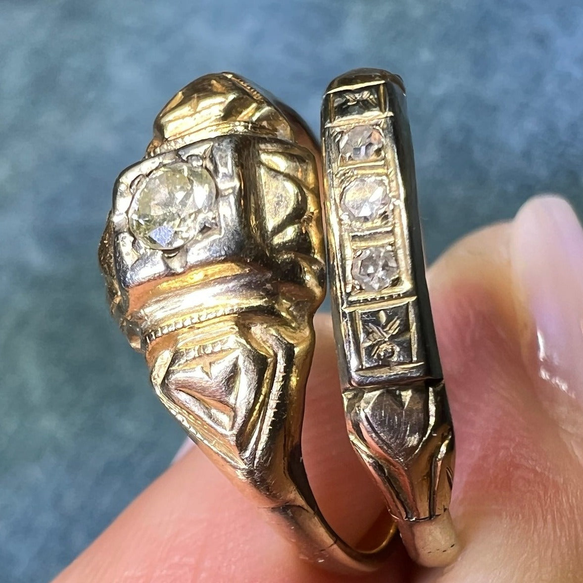 10K Yellow Gold & Natural Diamond Wedding Ring Set. 2 Bands Soldered