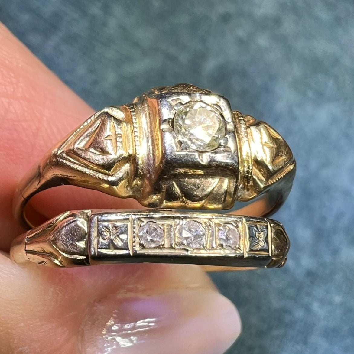 10K Yellow Gold & Natural Diamond Wedding Ring Set. 2 Bands Soldered