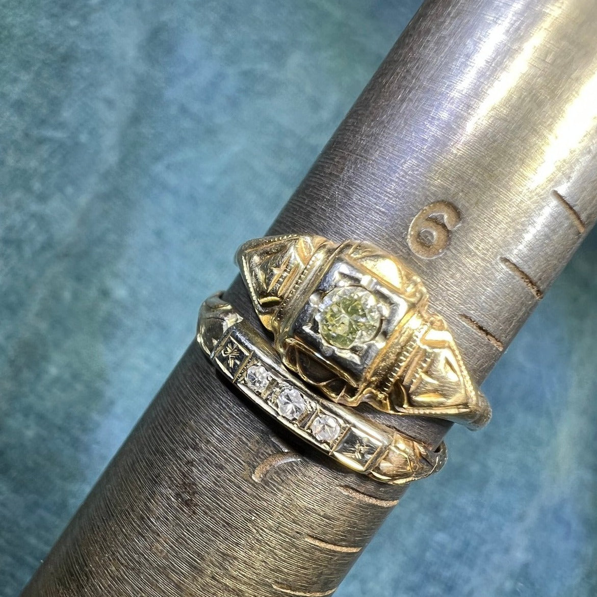 10K Yellow Gold & Natural Diamond Wedding Ring Set. 2 Bands Soldered