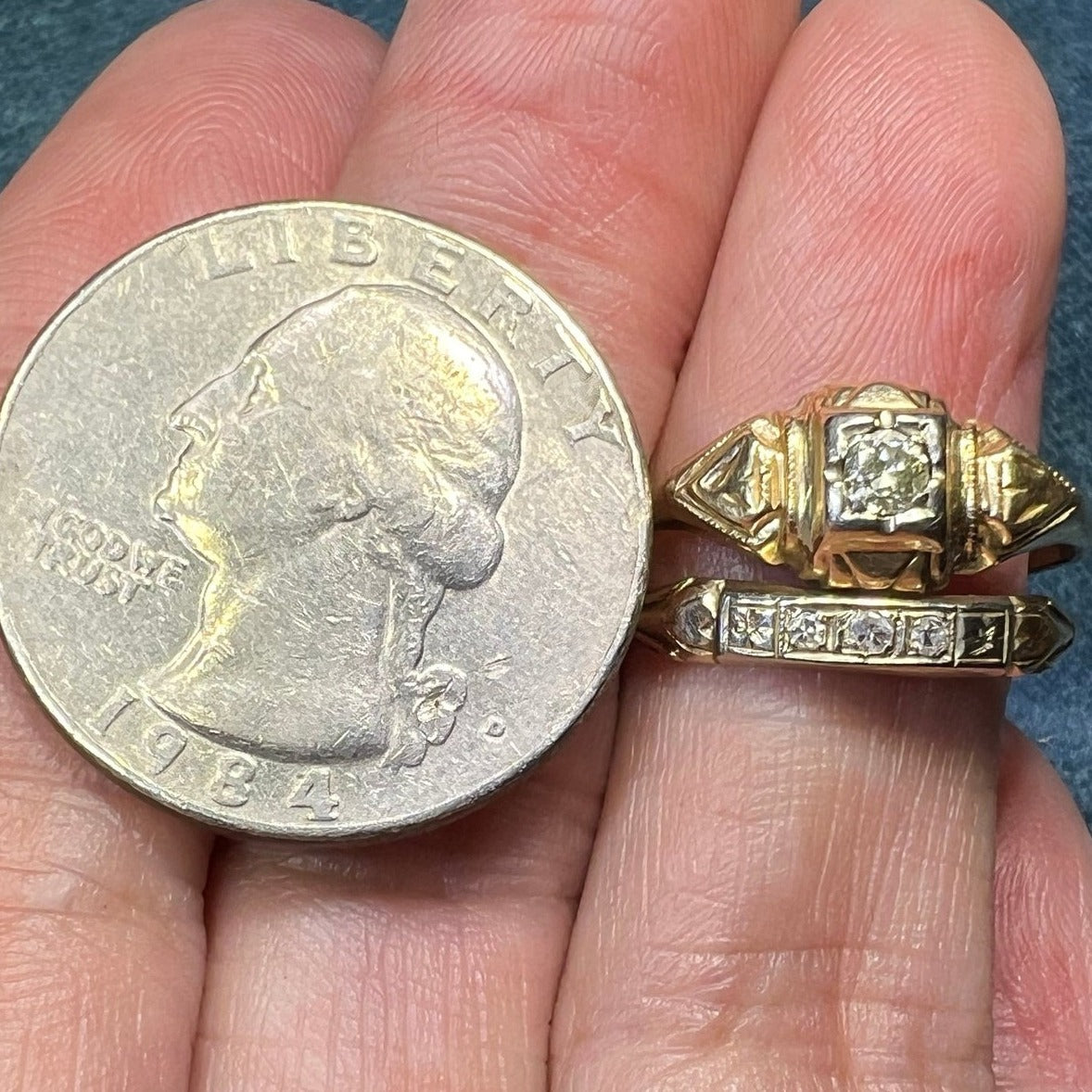 10K Yellow Gold & Natural Diamond Wedding Ring Set. 2 Bands Soldered