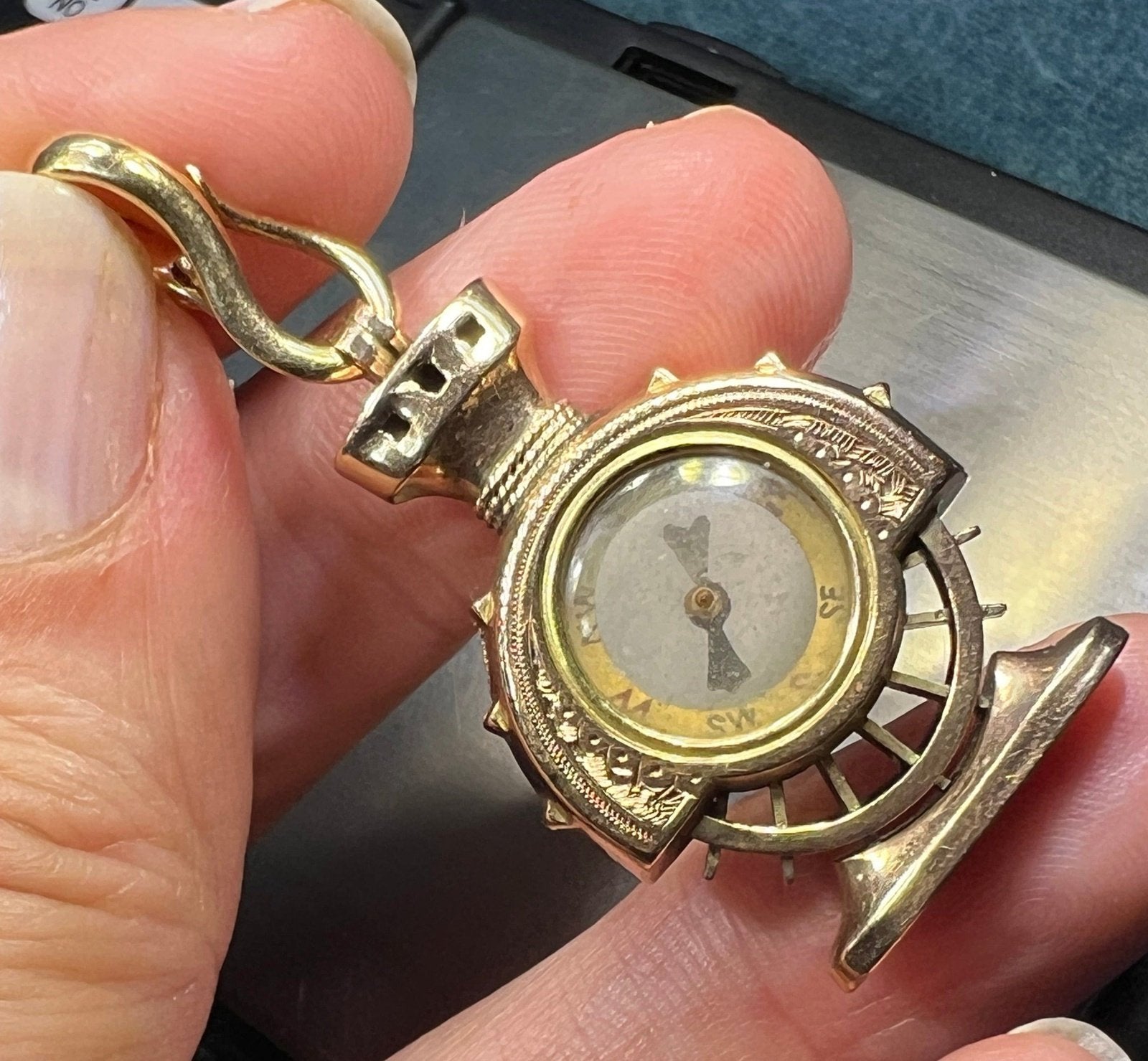 10k Gold Antique Compass Fob Pendant. Captain's Wheel *Video*