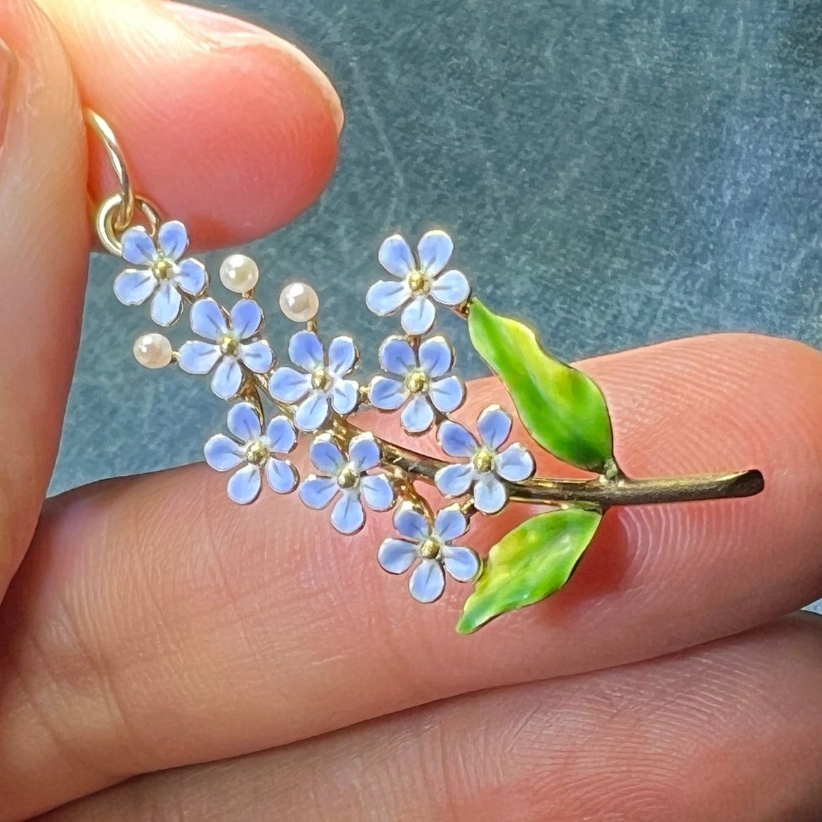 10k Gold Blue Enamel Forget-Me-Not Bouquet Pendant. 1.5"