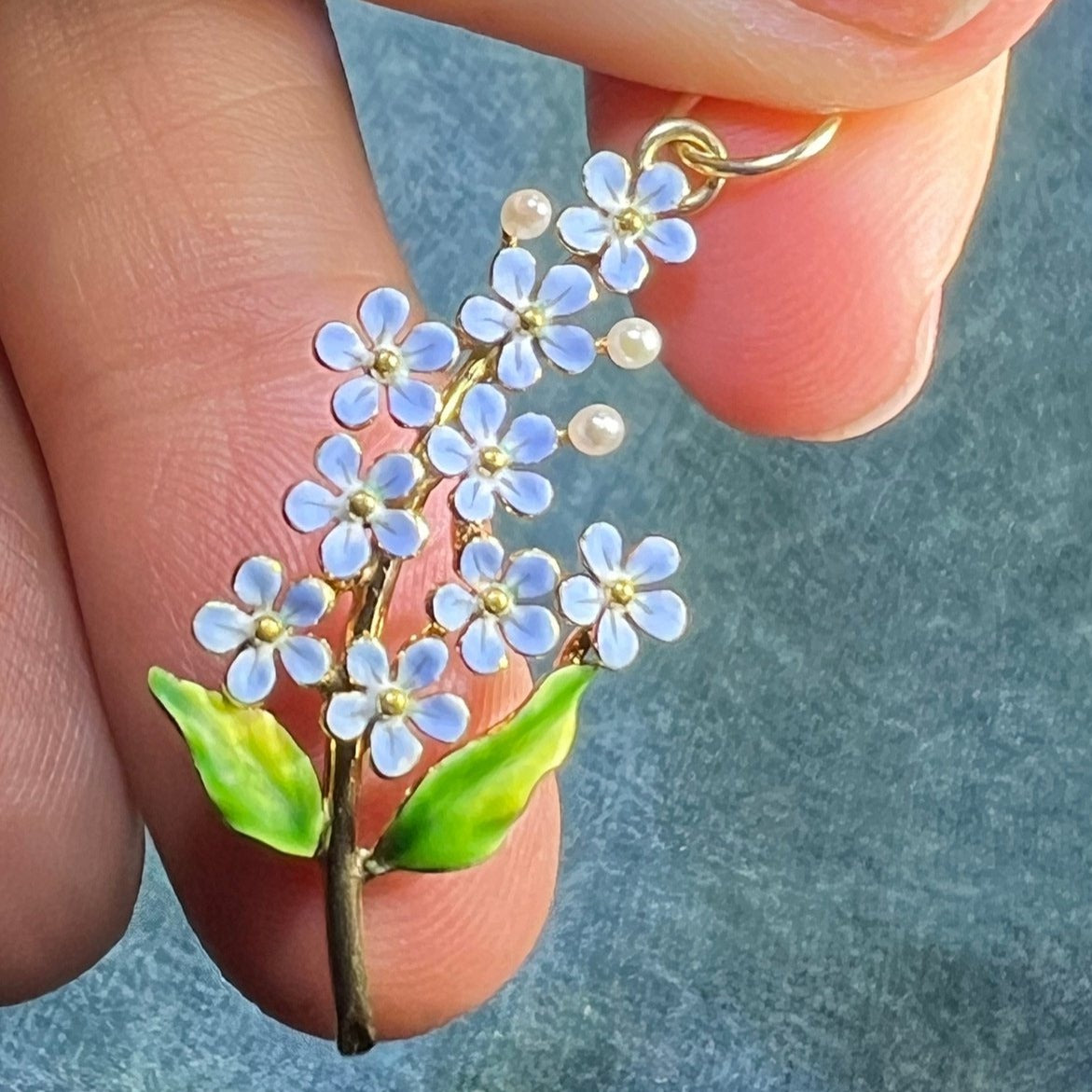 10k Gold Blue Enamel Forget-Me-Not Bouquet Pendant. 1.5"