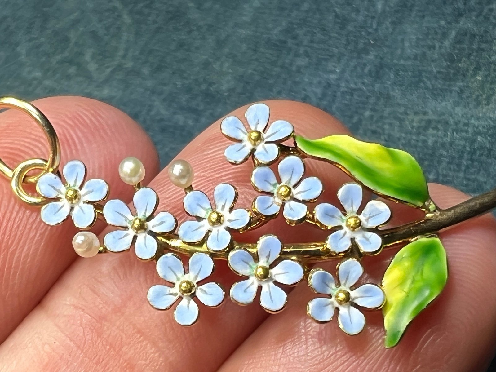 10k Gold Blue Enamel Forget-Me-Not Bouquet Pendant. 1.5"