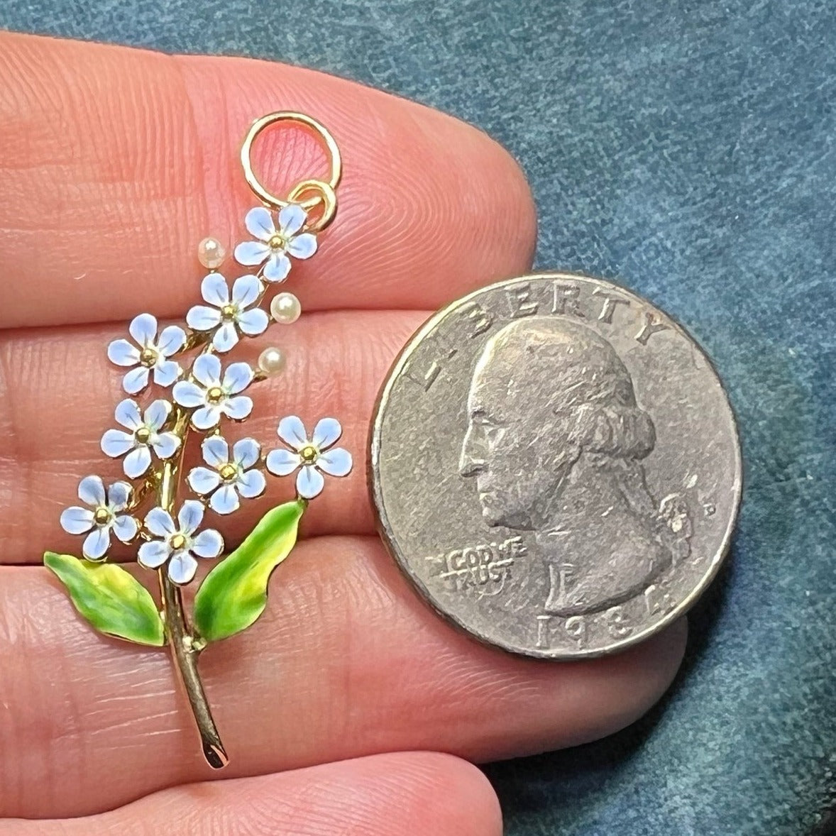 10k Gold Blue Enamel Forget-Me-Not Bouquet Pendant. 1.5"