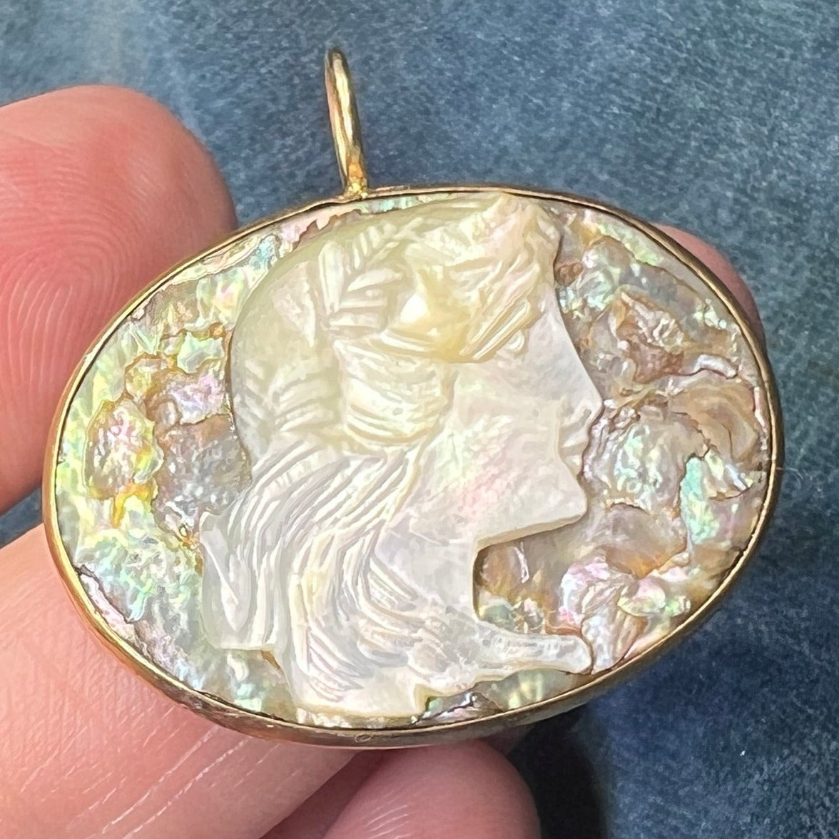 10k Gold Carved Paua Shell Antique Cameo Pendant. 1" *Video*