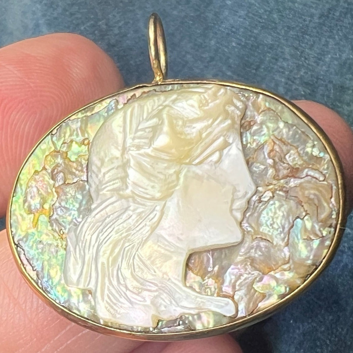 10k Gold Carved Paua Shell Antique Cameo Pendant. 1" *Video*