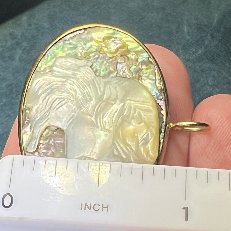 10k Gold Carved Paua Shell Antique Cameo Pendant. 1" *Video*