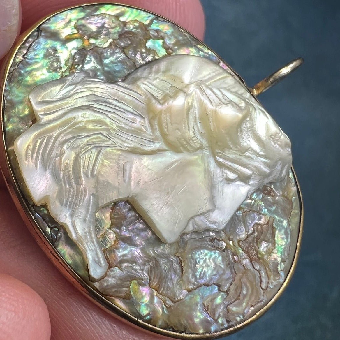 10k Gold Carved Paua Shell Antique Cameo Pendant. 1" *Video*