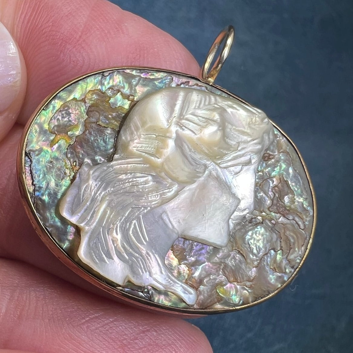 10k Gold Carved Paua Shell Antique Cameo Pendant. 1" *Video*