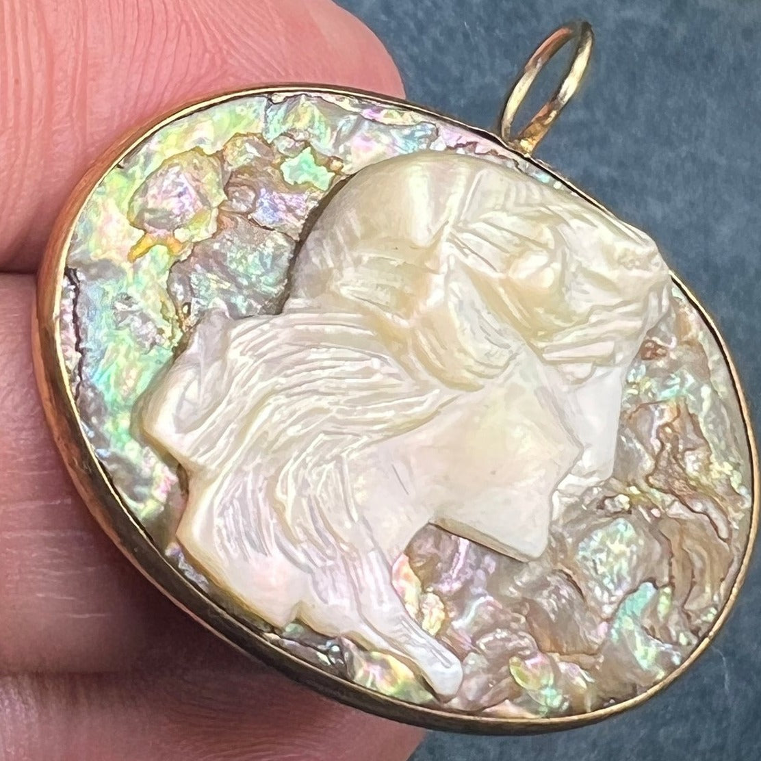 10k Gold Carved Paua Shell Antique Cameo Pendant. 1" *Video*