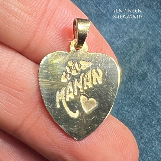 10k Gold Engraved "MAMAN" Heart Shaped Pendant. French Mother