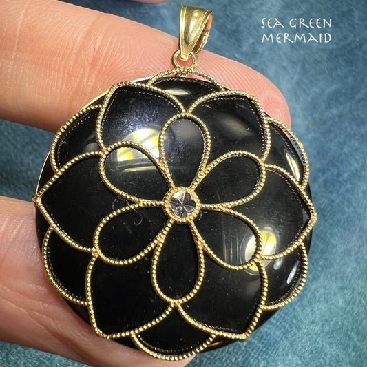 10k Gold Lotus Blossom Mandala Onyx Circle Medallion Pendant. 1.5"