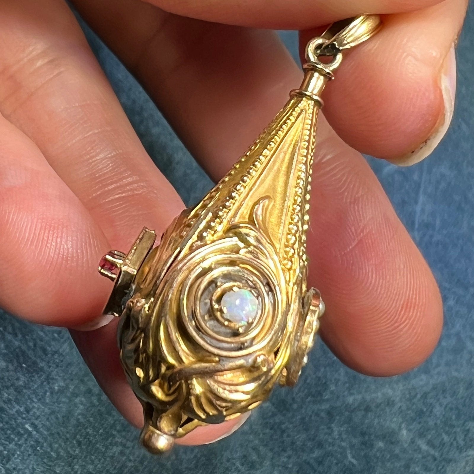 10k Gold Teardrop Watch Fob Pendant. Opal Turquoise Ruby *Video*