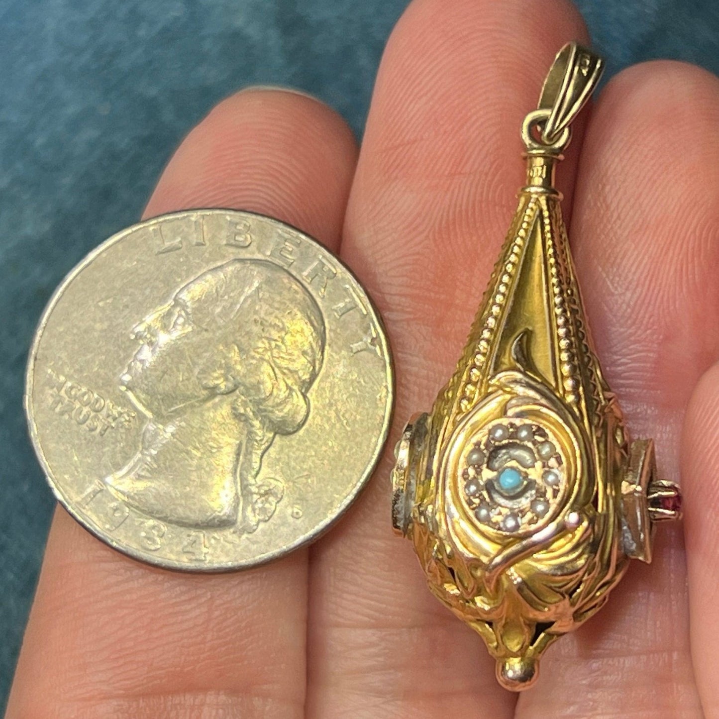 10k Gold Teardrop Watch Fob Pendant. Opal Turquoise Ruby *Video*