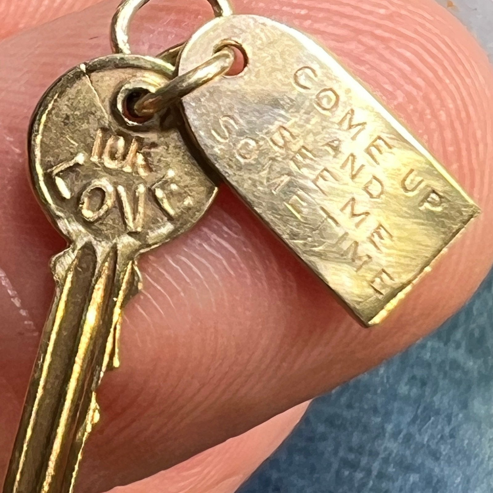 10k Gold *Tiny* Room Key Pendant. "Come Up + See me Some Time"