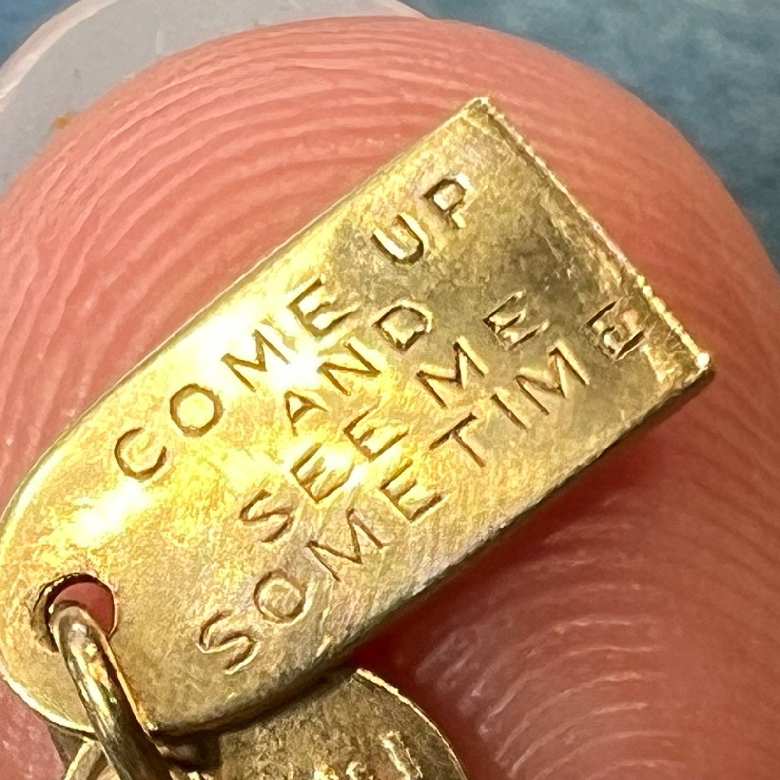 10k Gold *Tiny* Room Key Pendant. "Come Up + See me Some Time"